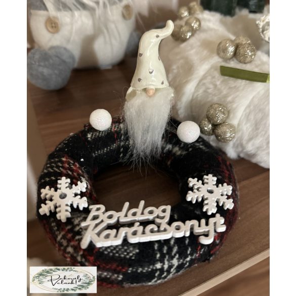 Asztali dísz LED-es manóval kockás 10 cm-es alapon karácsony advent 