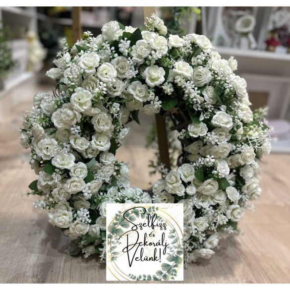 Fehér virágos nagy koszorú bérelhető köszöntő tábla alá dekor 4000 Ft/alkalom