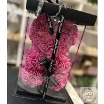 Rózsa maci dísz dobozban habrózsákból 20 cm