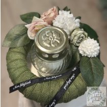 Sírdísz koszorú mécsessel rózsaszín fehér szalaggal