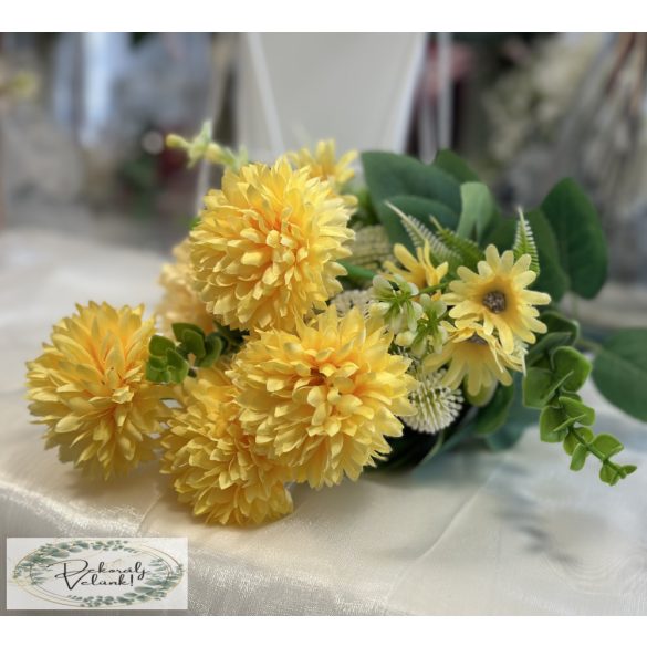 Gömb dália csokor zölddel 10 ág, 40 cm pasztell sárga