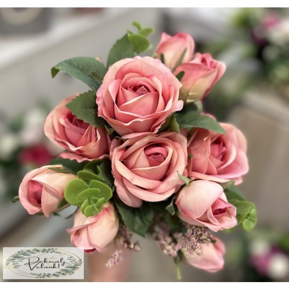 Rózsa csokor 7 szál, 34 cm,  fej : 3 és 7 cm, rózsaszín