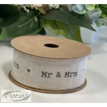   Dekorációs szalag 3 cm  * 5m Mr & Mrs felirattal natúr alapon